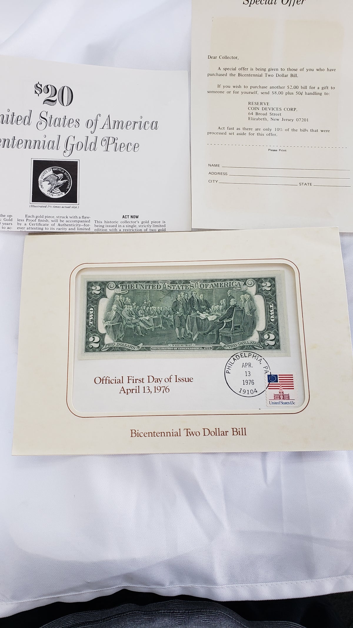 Bicentennial Official Two Dollar BILL FIRST DAY OF ISSUE APRIL 13 1976 Uncirculated