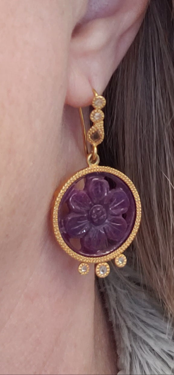 Coomi 20K Yellow Gold Floral Carved Ruby with Slice Diamonds Earrings
