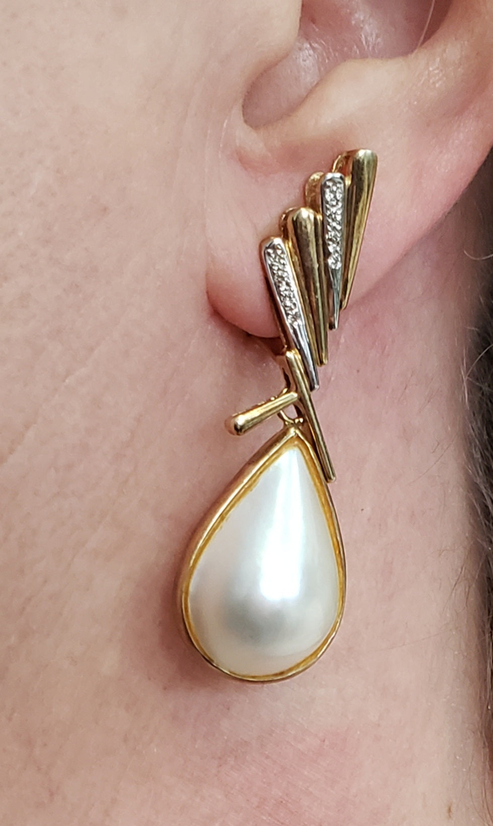 Mabe Tear Drop Pearl Stud Earrings with Diamonds 14kt Two-Toned Gold