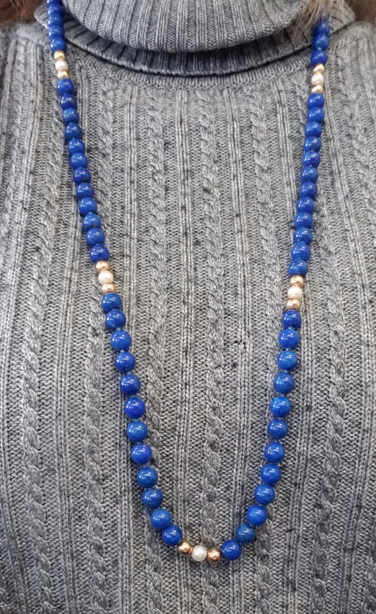 Lapis Necklace with 14K Gold & Pearl Accents 34inches