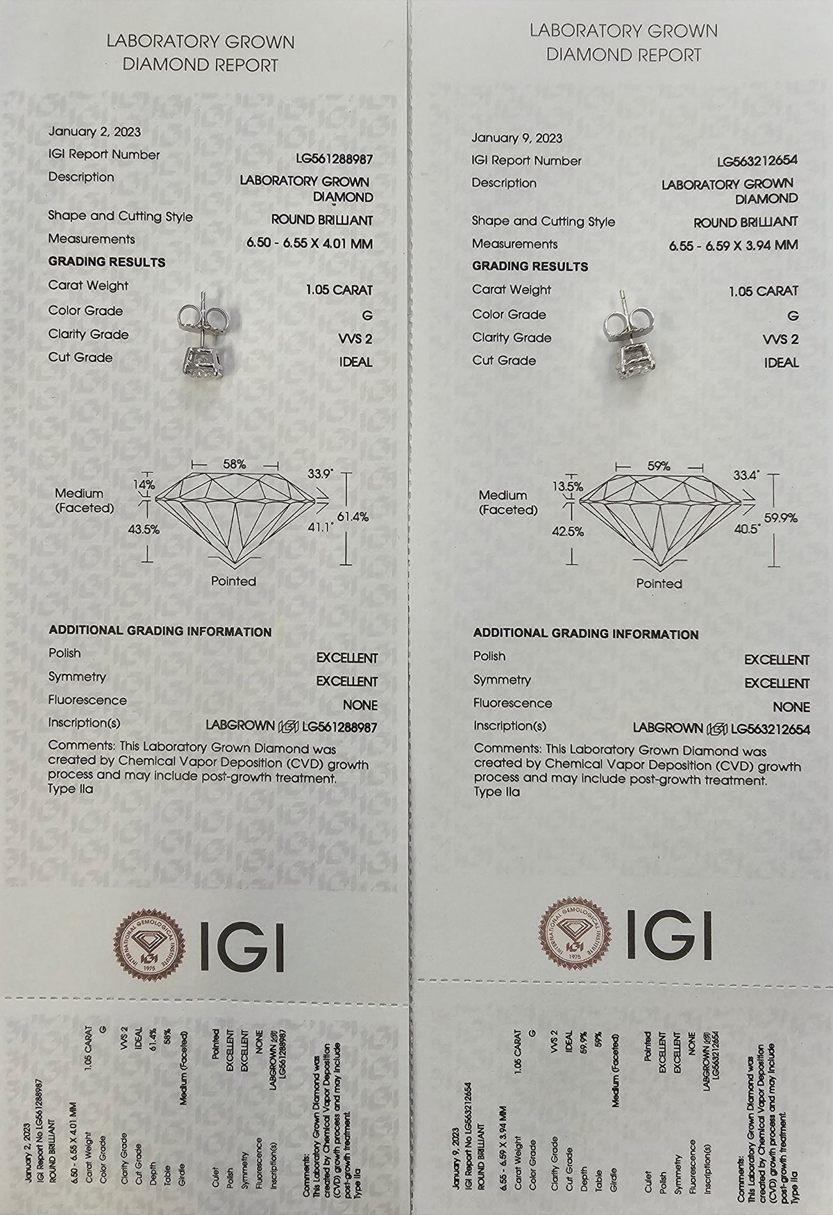 Laboratory Grown Diamond Stud Earrings, 2.10 Total Carat Weight, Set in 14kt White Gold