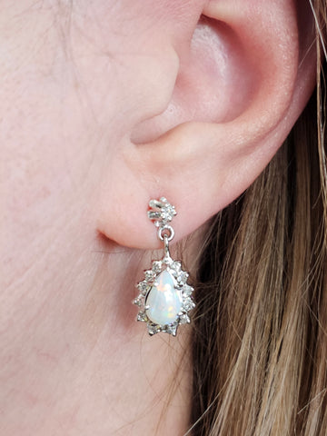 Opal Teardrop and Diamond Stud Earrings, 14kt White Gold