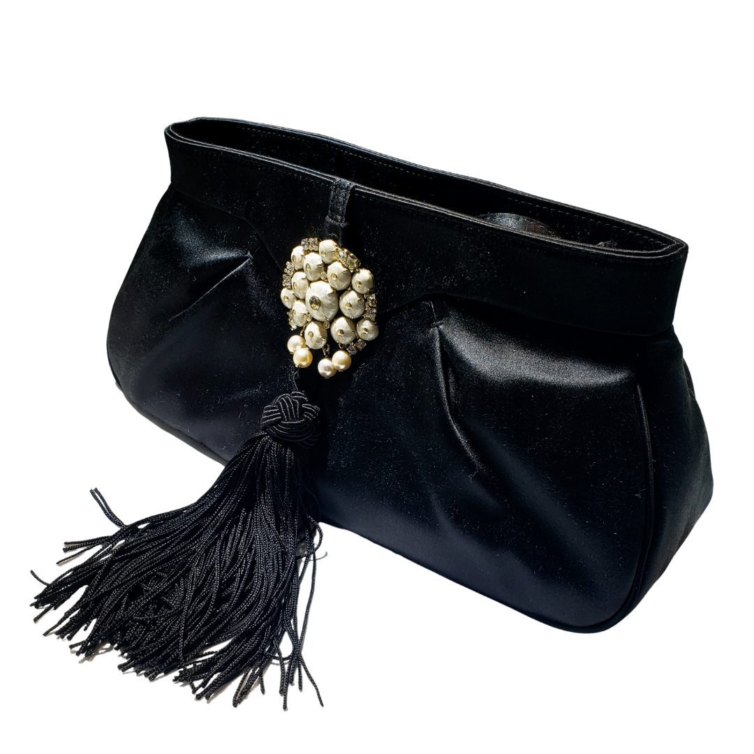Sergio Rossi Black Satin Clutch Purse with Crystals and Faux Pearl,  Black fabric Tassel