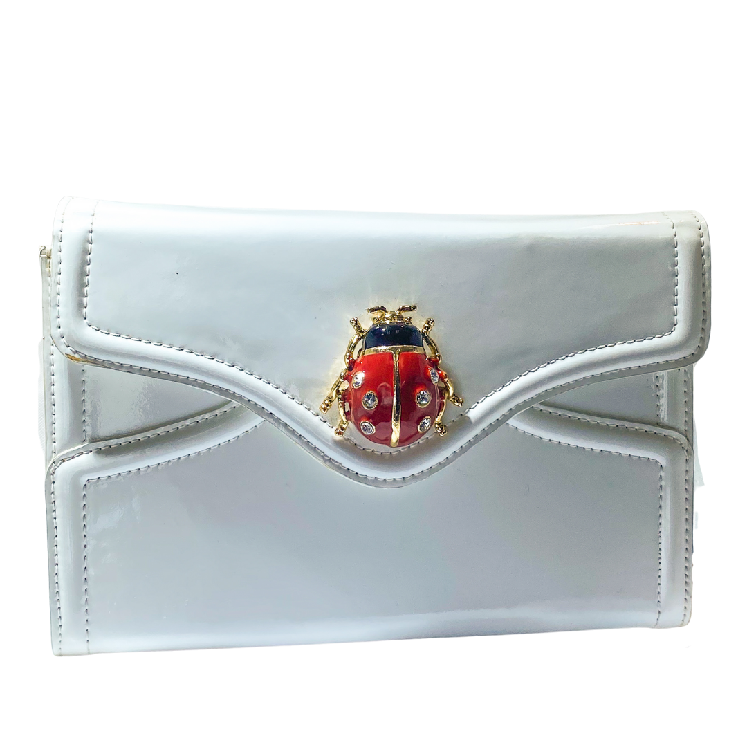 Kenneth Jay Lane White Patent Leather Lady Bug Purse with Gold Chain