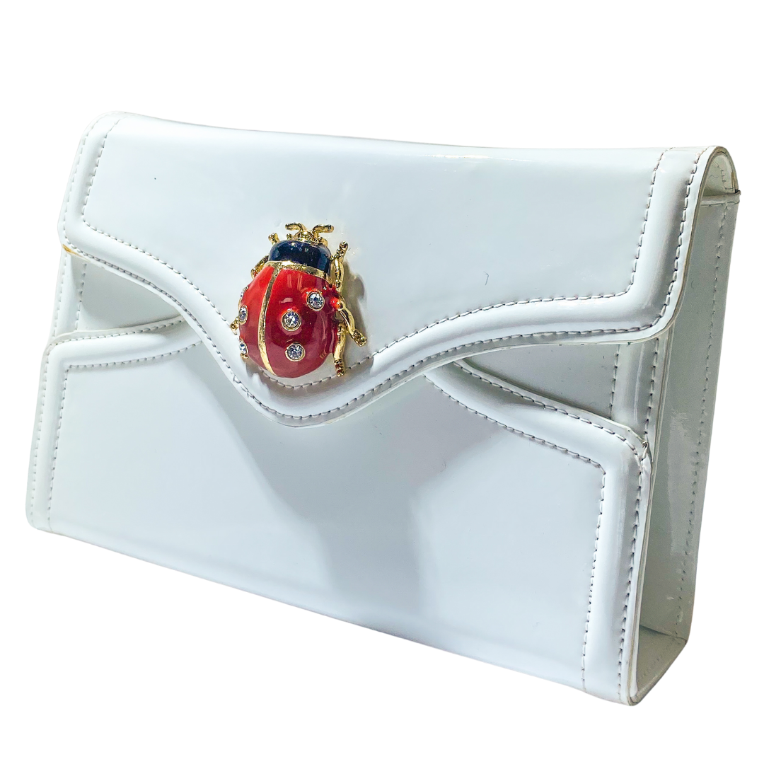 Kenneth Jay Lane White Patent Leather Lady Bug Purse with Gold
