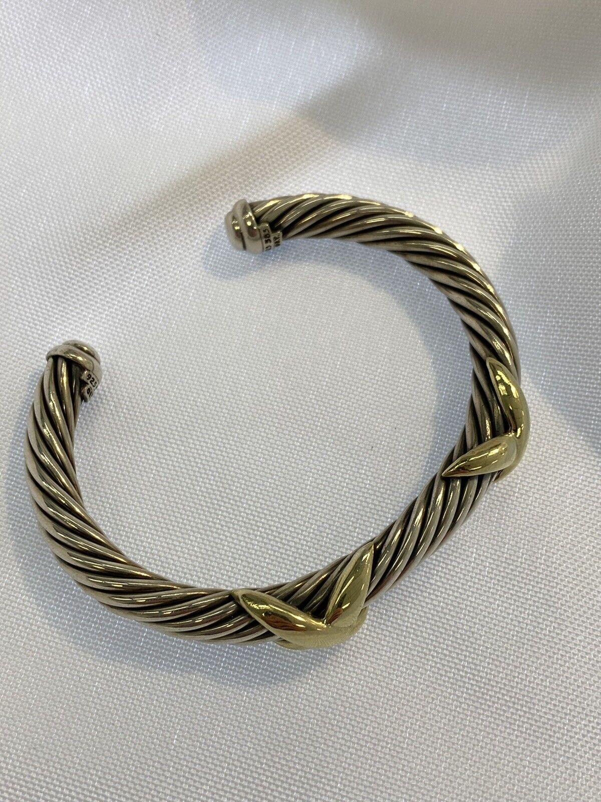 David Yurman Double X Cable Bangle Bracelet made in Sterling Silver and 14-Karat Yellow Gold