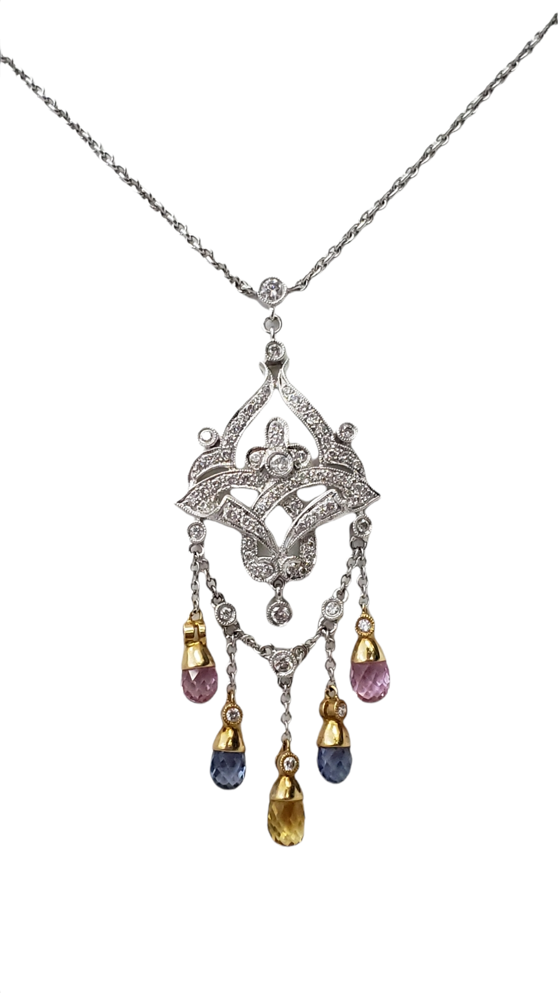Diamond and Multi-Colored Sapphire Pendant Necklace, 18K White and Yellow Gold