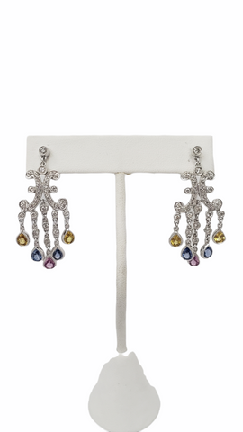 18K White Gold Diamond and Multi-Colored Sapphire Drop Earrings
