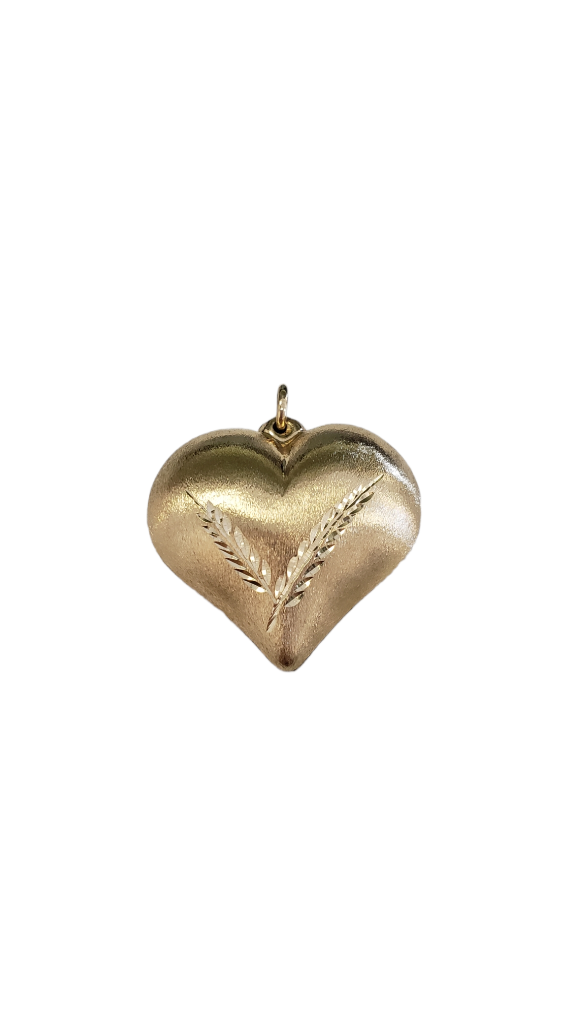 Gold Hollow Heart Pendant Brush Finish with Diamond Cut Wheat Design in 14Kt Yellow Gold