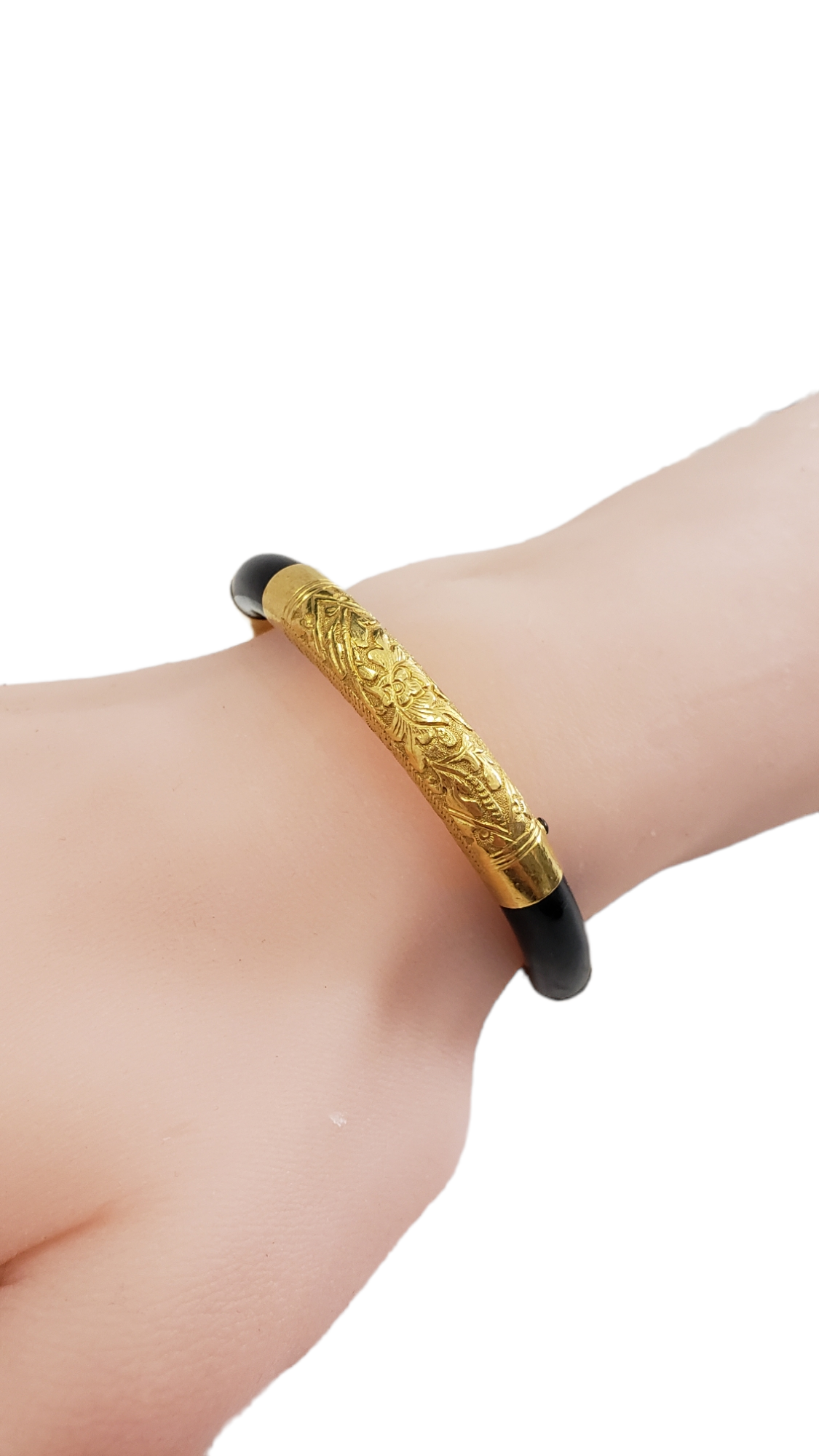 Black Onyx Hand Carved Bangle Bracelet made with Hollow 22 Karat
