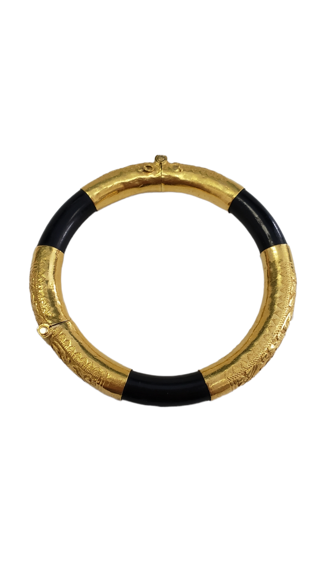 Black Onyx Hand-Carved Bangle Bracelet made with Hollow 22-Karat Yellow Gold