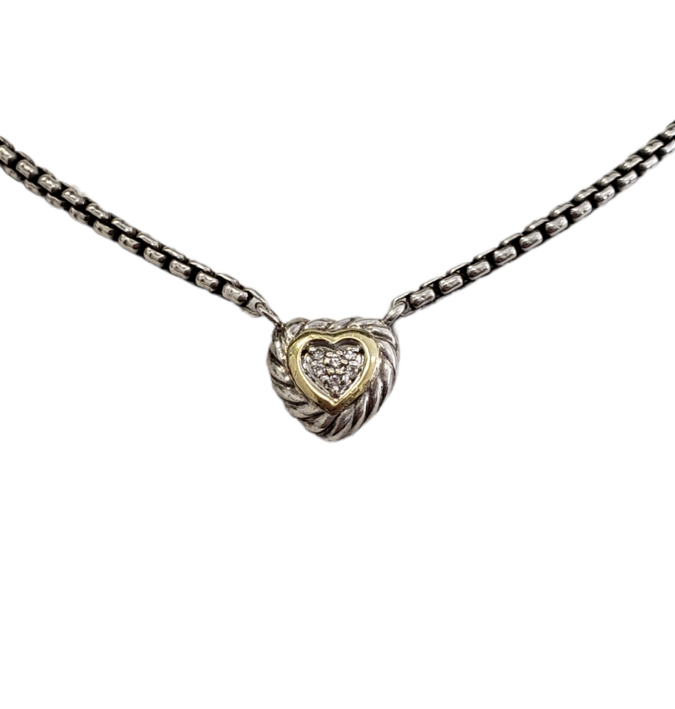 David Yurman Silver & 18K Yellow Gold Heart Necklace with Diamonds Preowned