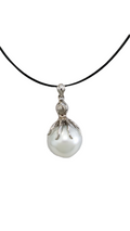 14K White Gold Octopus Holding South Sea White Pearl Pendant on Black Wire