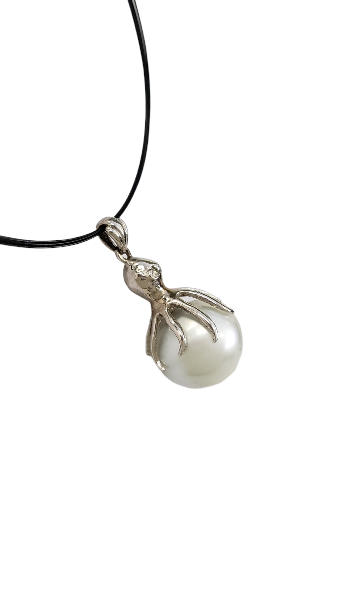 14K White Gold Octopus Holding South Sea White Pearl Pendant on Black Wire