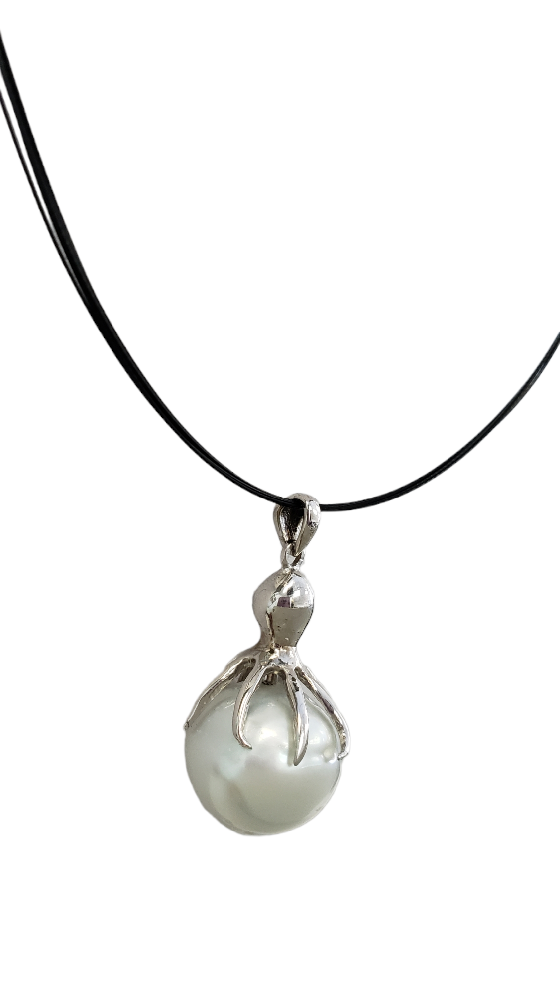 14K White Gold Octopus Holding South Sea White Pearl Pendant on Black Wire