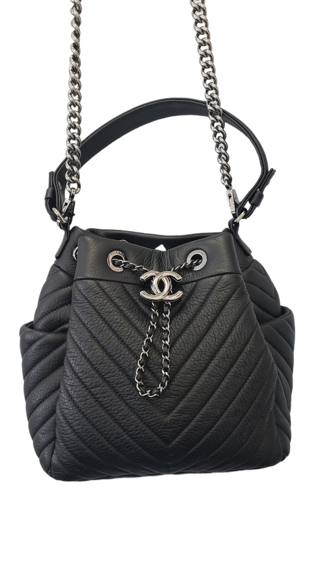 Chanel CC Chain Drawstring Bucket Bag Chevron Sheepskin Small