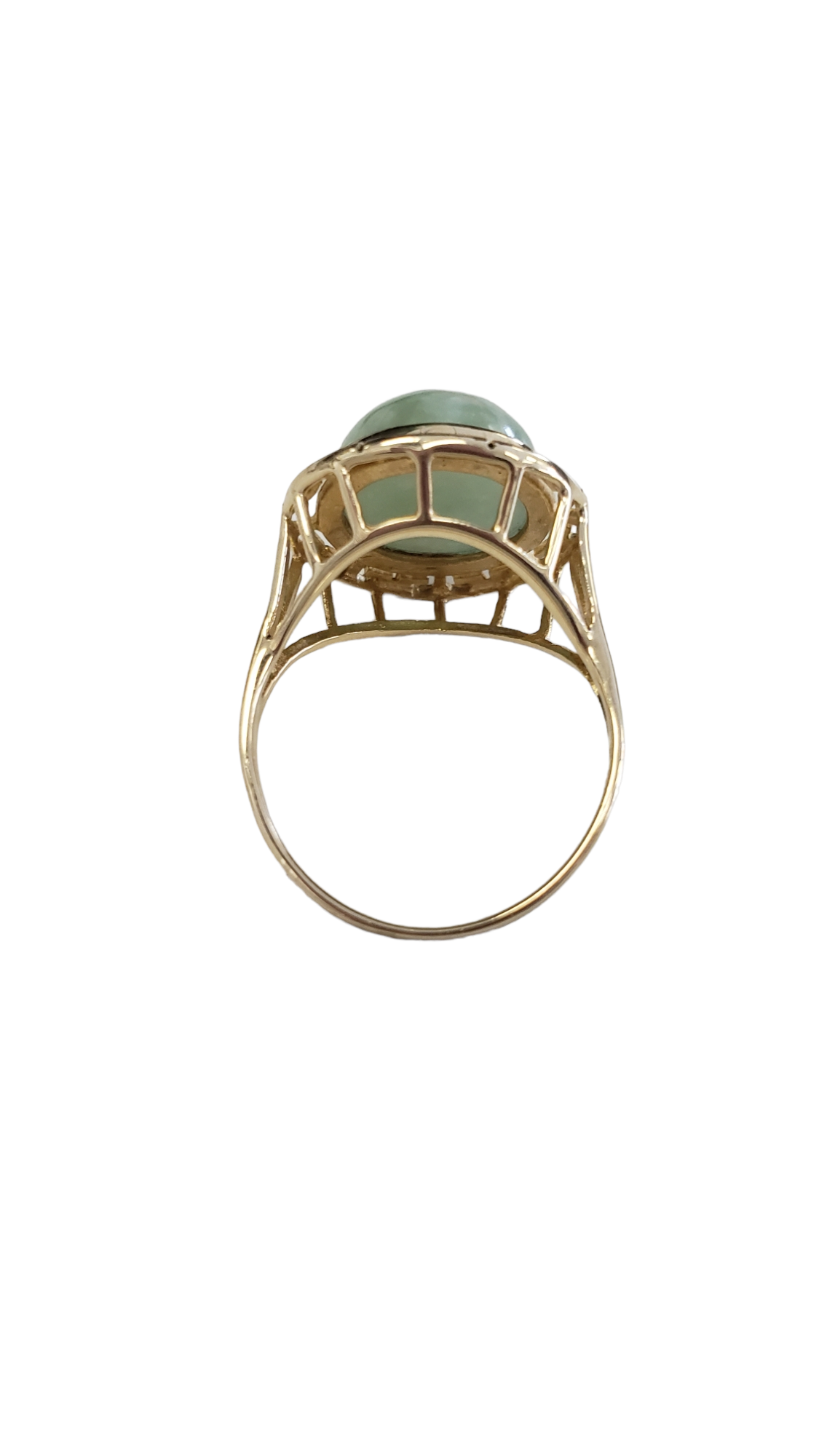 Cabochon Round Green Jade Greek Key Style Ring made in 14-Karat Yellow Gold