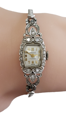Vintage Provis Swiss 14K White Gold Diamond Women's Watch