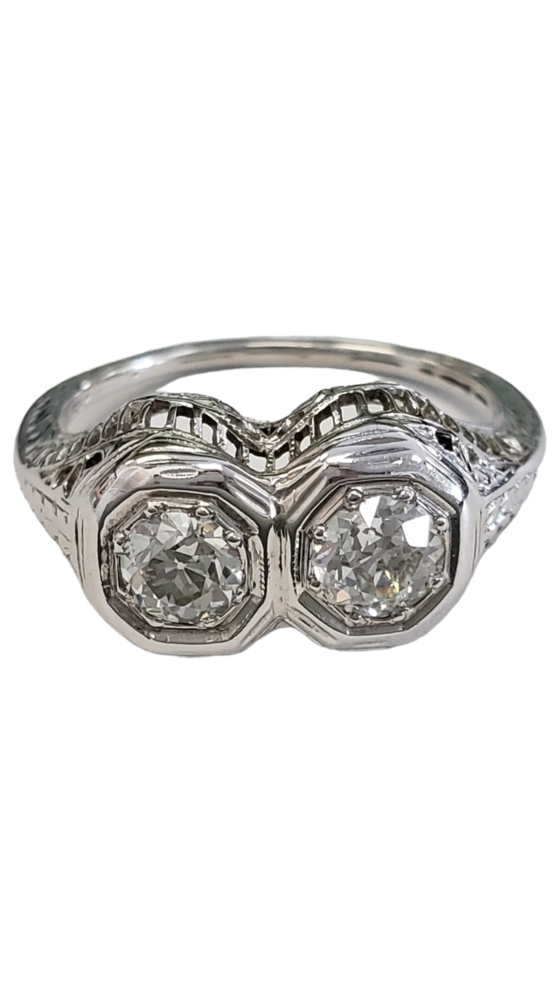18K White Gold Euro Cut Art Deco Diamond Engagement Ring Women's