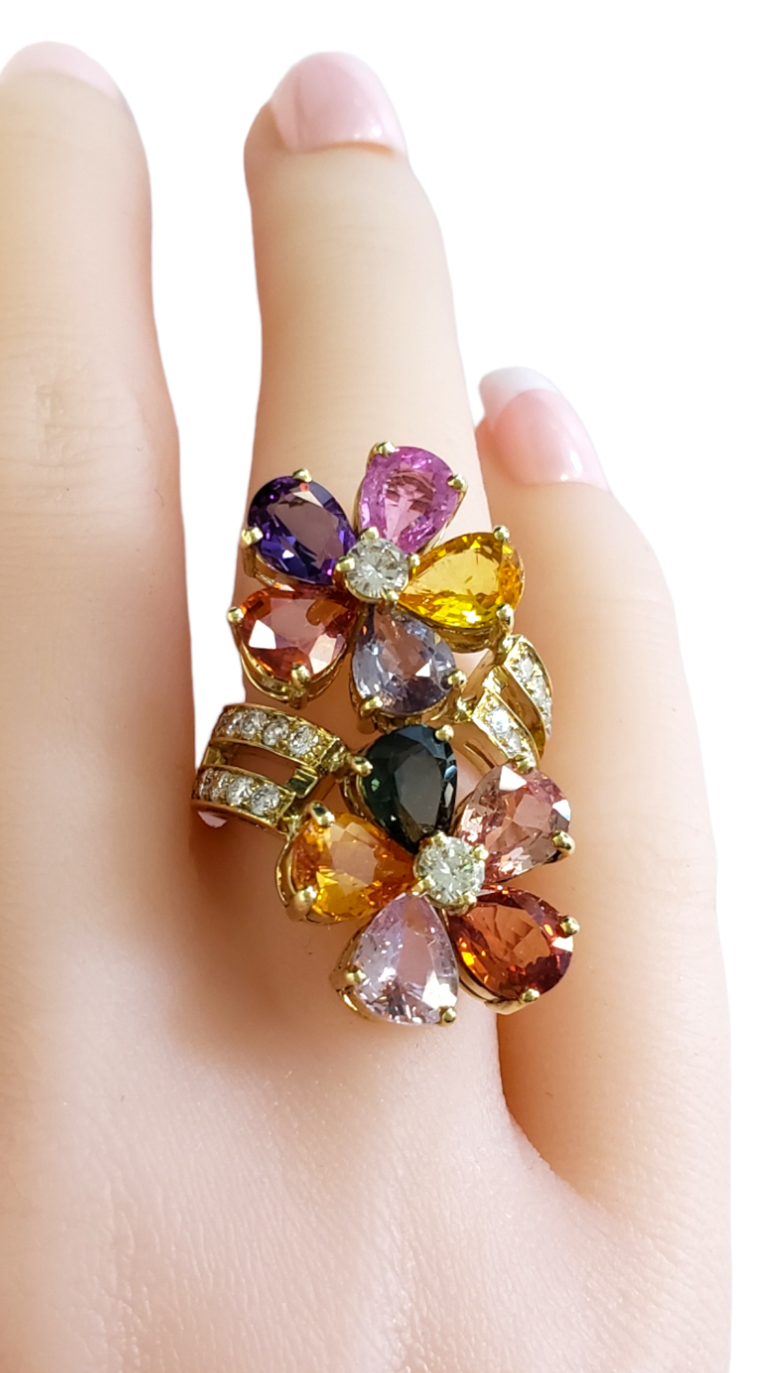 18KT Yellow Gold Diamond and Multi Colored Sapphire Flowers Ring