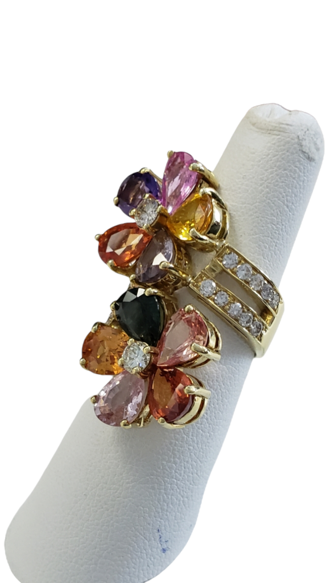 18KT Yellow Gold Diamond and Multi Colored Sapphire Flowers Ring