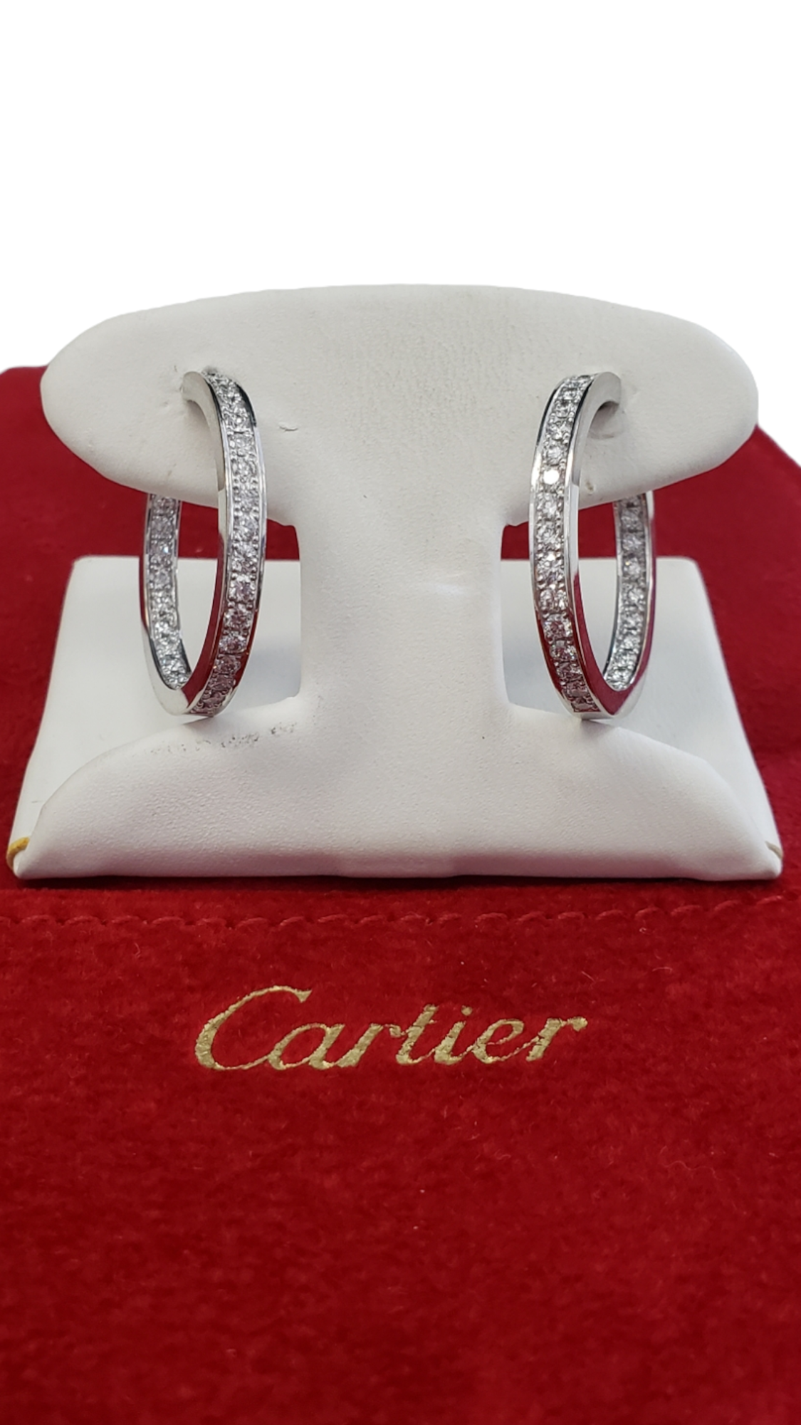 Cartier 18KT White Gold And Diamond "Monica" Mimi Hoops with Authentic Red Pouch