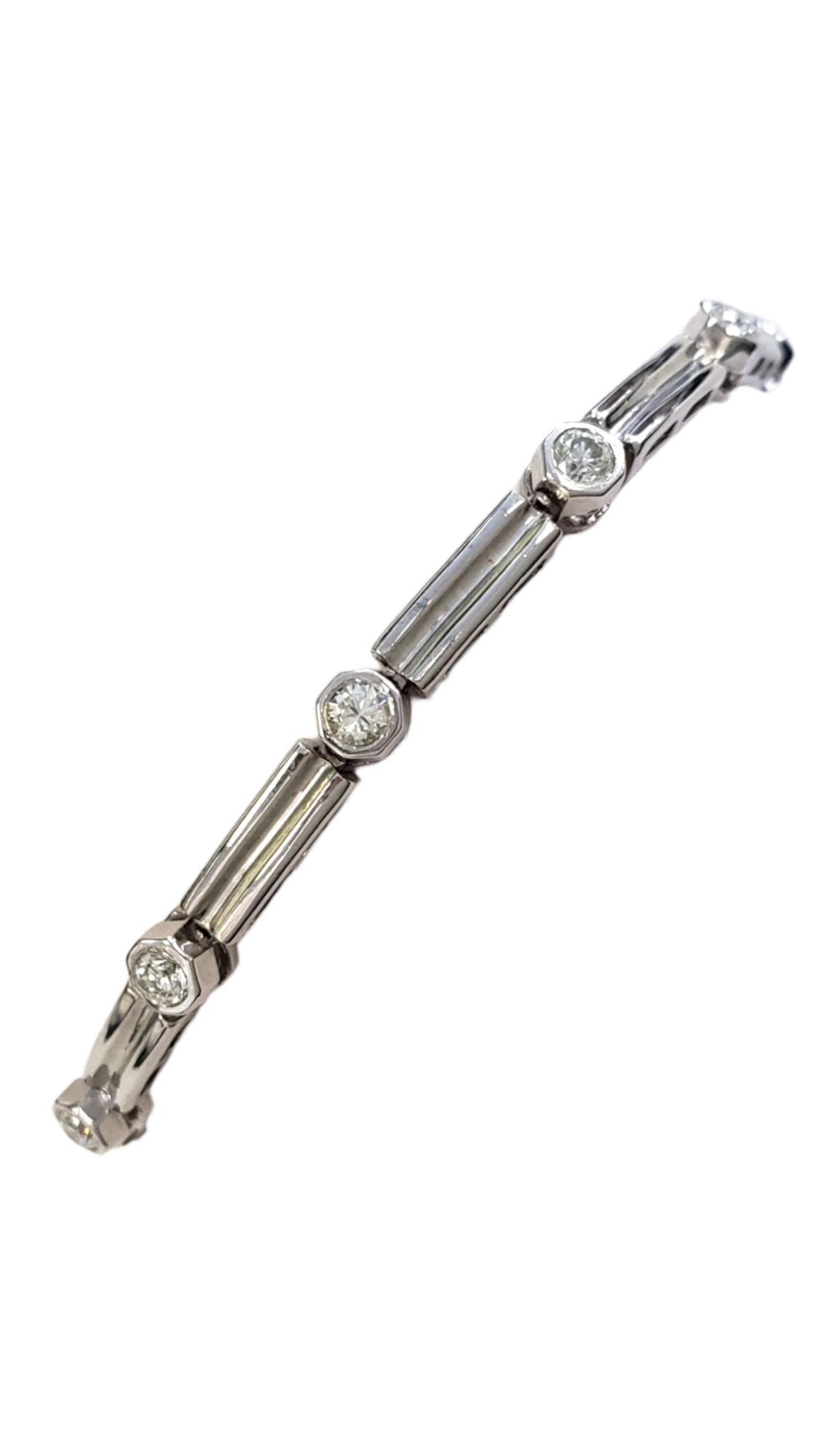 Alternating Bezel Set and Bar Style Diamond Bracelet made in 14-Karat White Gold w/ safety latch