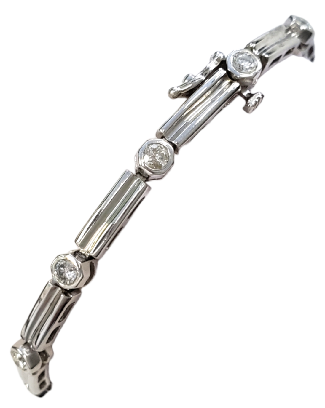 Alternating Bezel Set and Bar Style Diamond Bracelet made in 14-Karat White Gold w/ safety latch