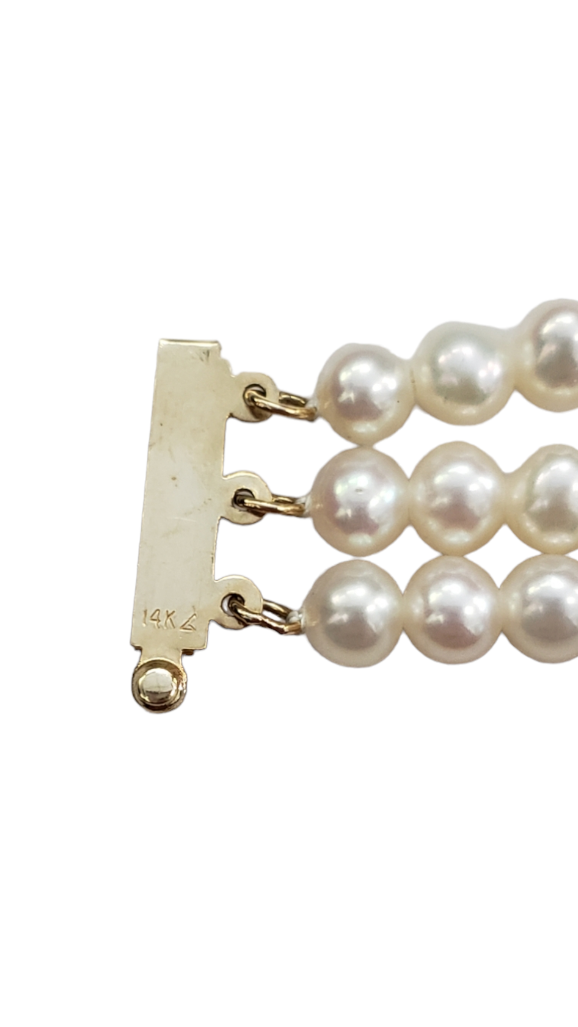 Cultured Triple Strand Pearl Bracelet with 14k Yellow Gold Slide Box clasp