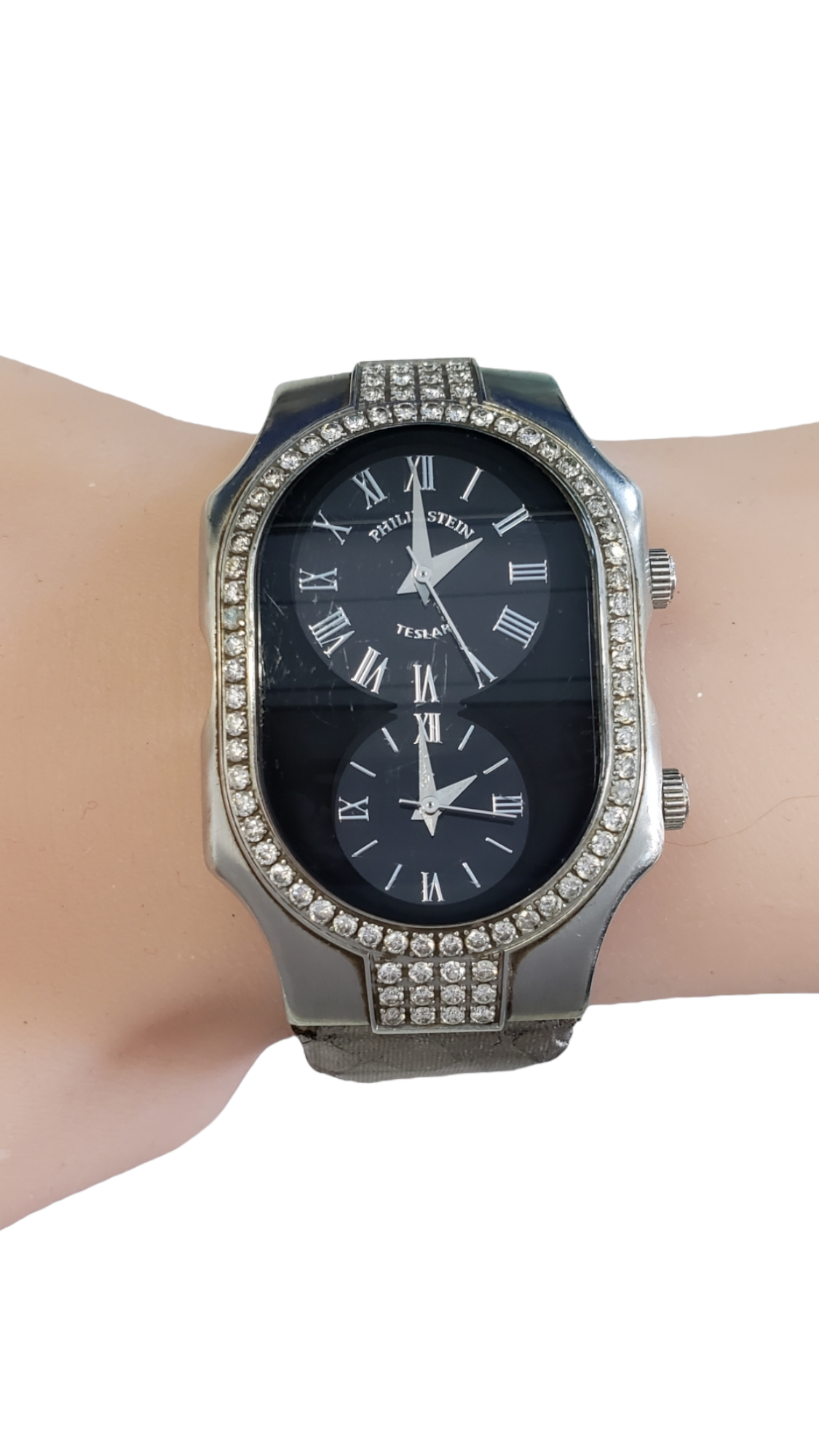 Philip Stein Dual Zone Teslar Women's Diamond Bezel Stainless Steel Wristwatch Black
