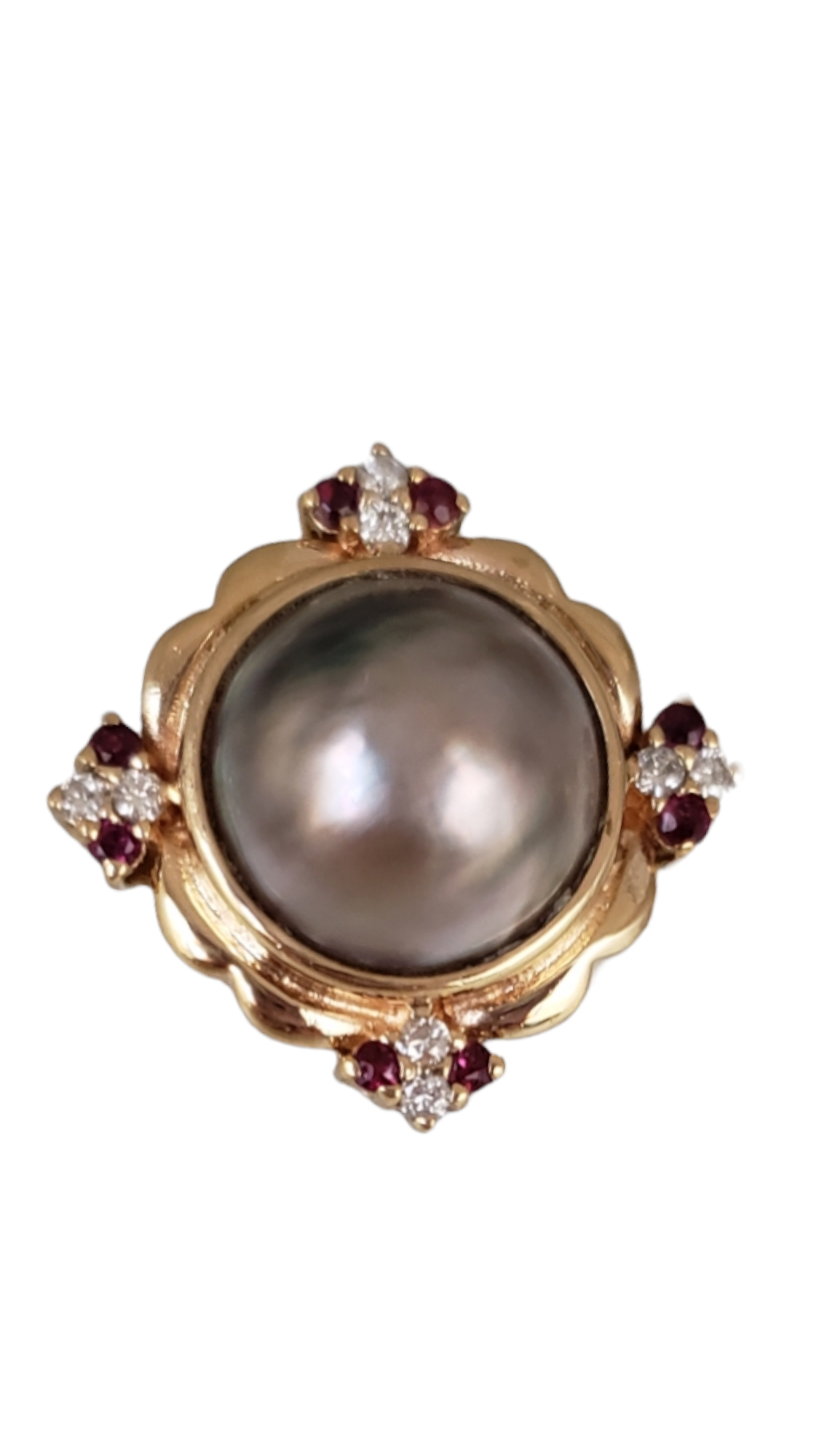 14k Yellow Gold Large Mabe Pearl with Diamonds and Rubies Stud Earrings