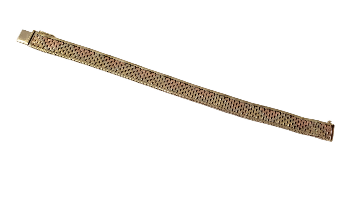 Tri-Color 14kt Gold Bracelet W/5 Rows of Weaved Mesh Design