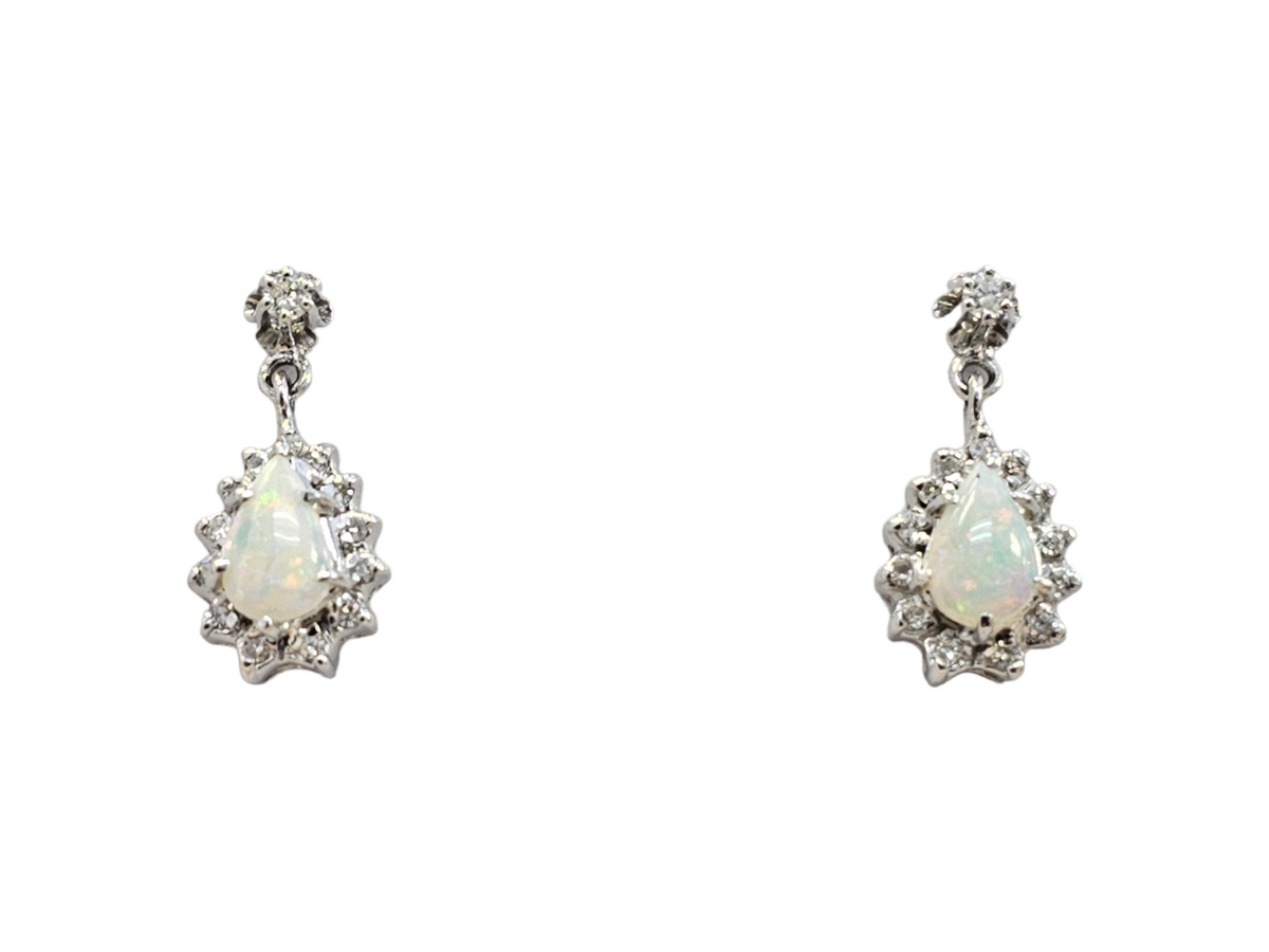 Opal Teardrop and Diamond Stud Earrings, 14kt White Gold
