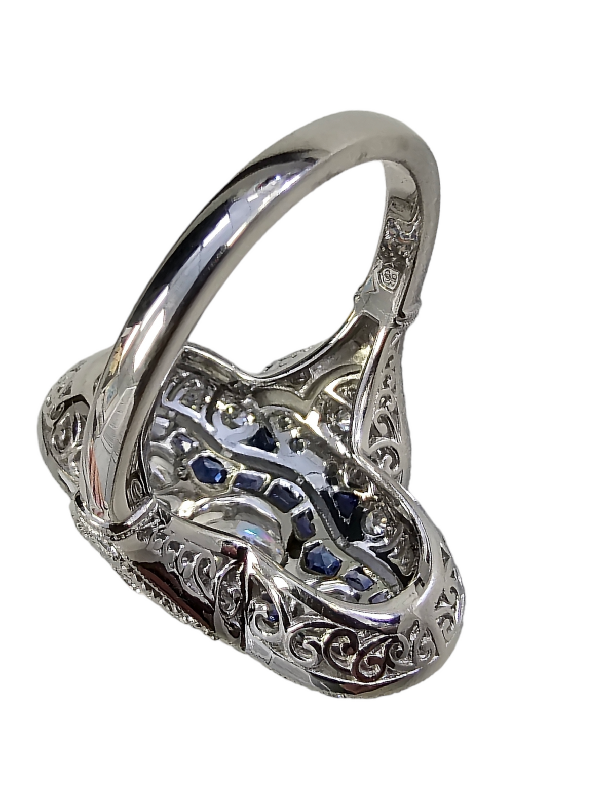 Diamond and Blue Sapphire Victorian Style Ring, Platinum