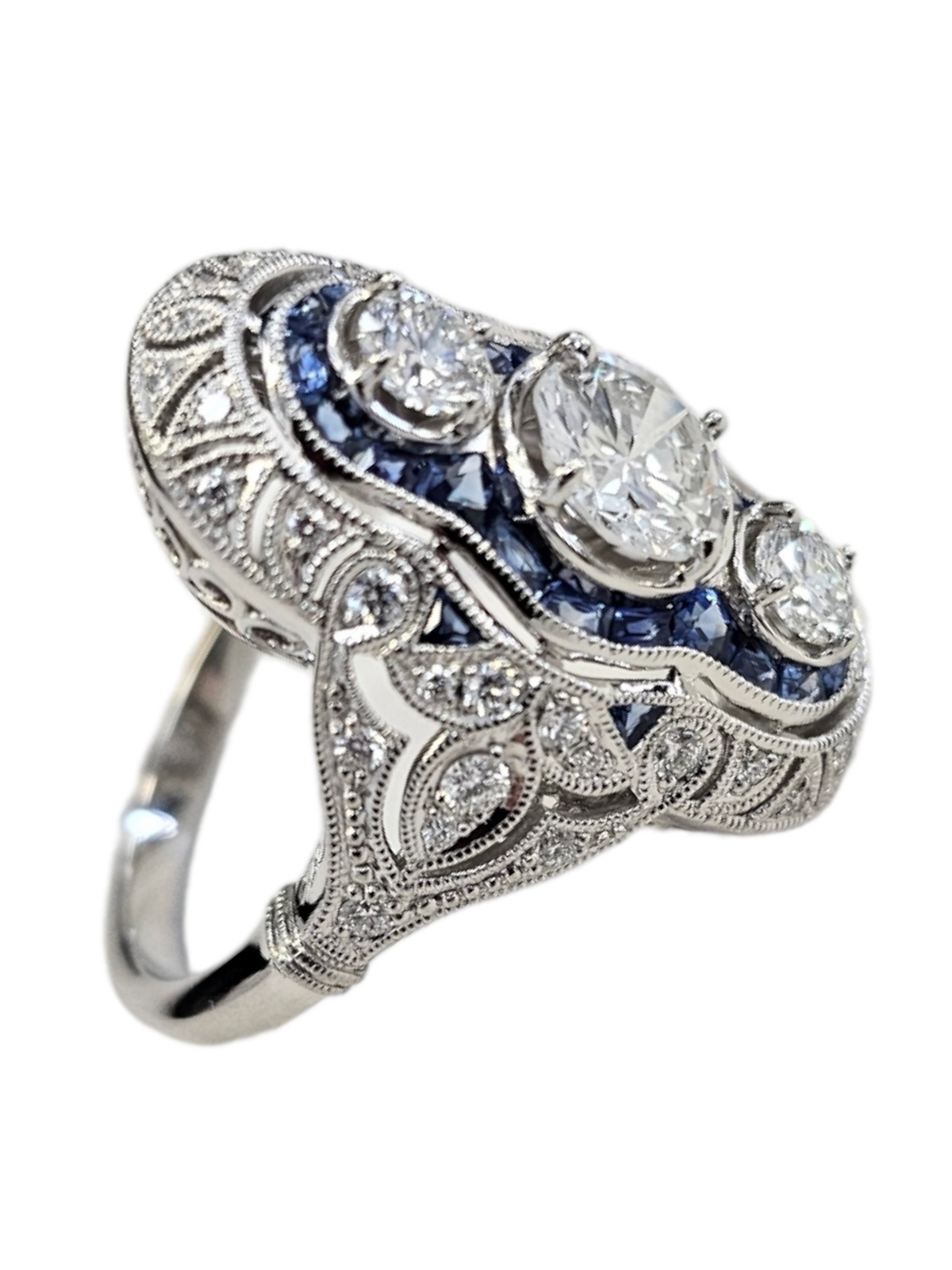 Diamond and Blue Sapphire Victorian Style Ring, Platinum