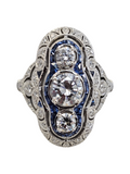 Diamond and Blue Sapphire Victorian Style Ring, Platinum