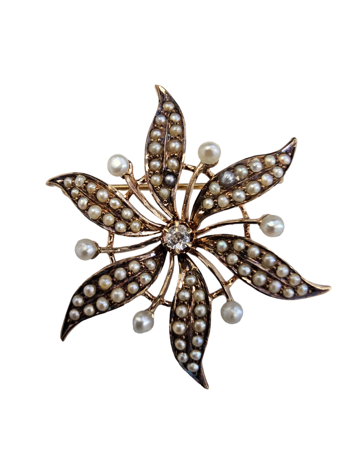 Antique Pendant/Broach, Seed Pearl Old European Diamond Flower, 14kt Gold