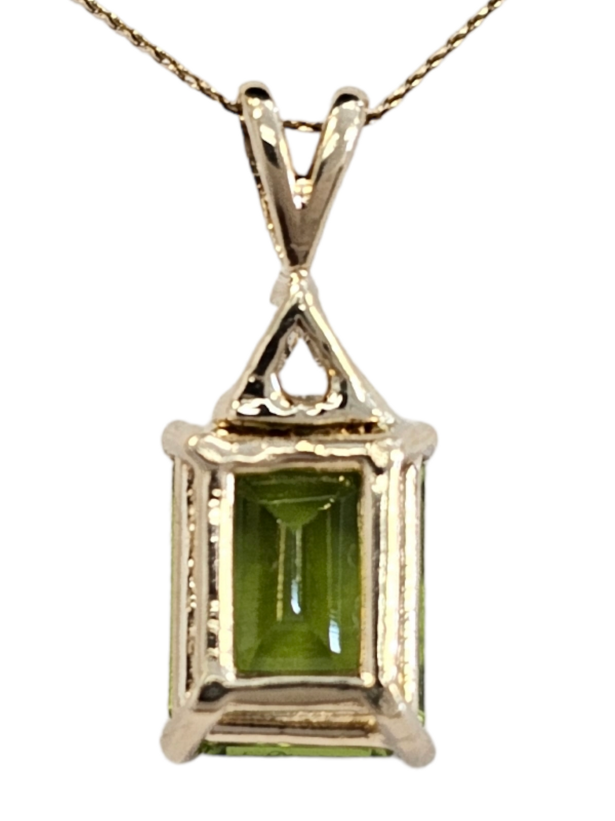 Peridot (emerald cut) and Diamond (trillion cut) Pendant, 14kt Yellow Gold