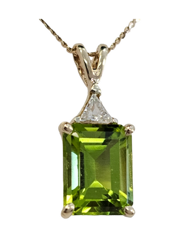 Peridot (emerald cut) and Diamond (trillion cut) Pendant, 14kt Yellow Gold