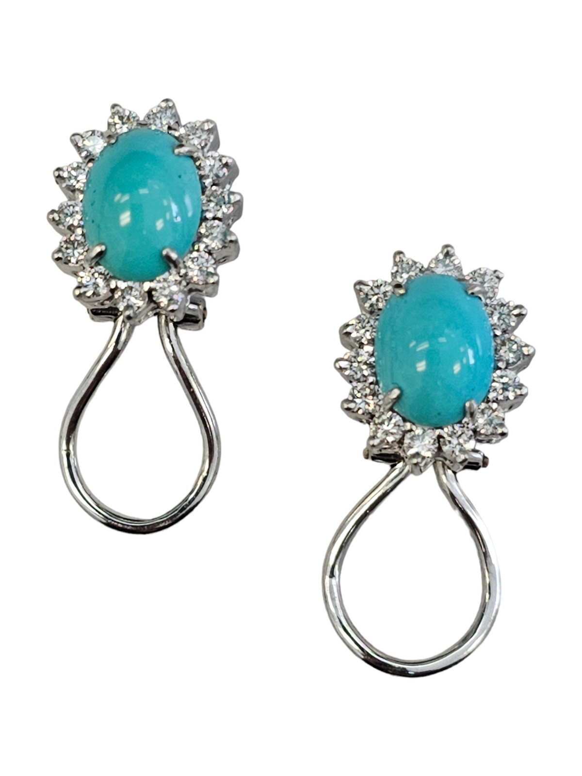 Persian Torquoise with Diamond Halo,  Clip Earrings, 18kt White Gold