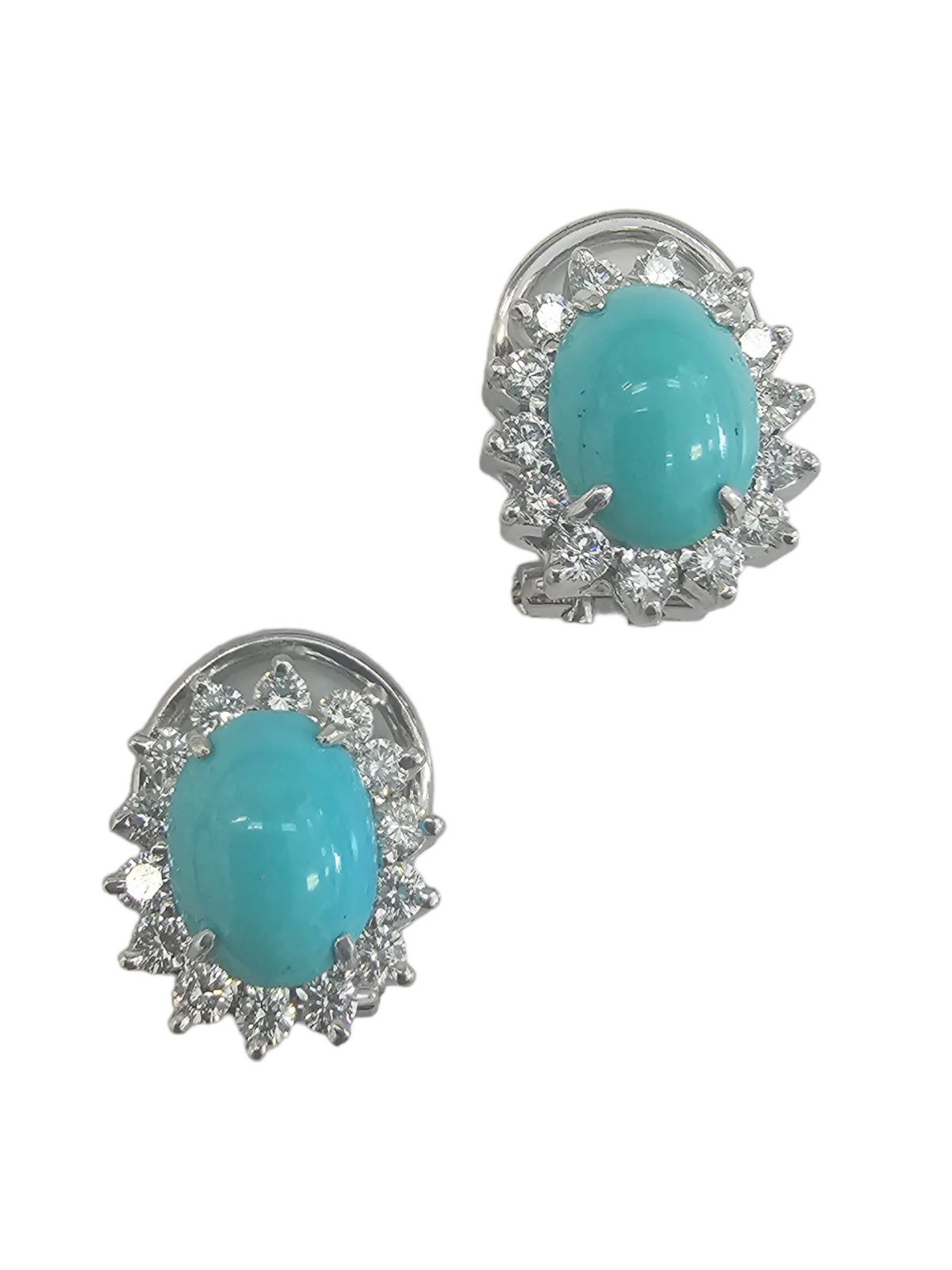Persian Torquoise with Diamond Halo,  Clip Earrings, 18kt White Gold