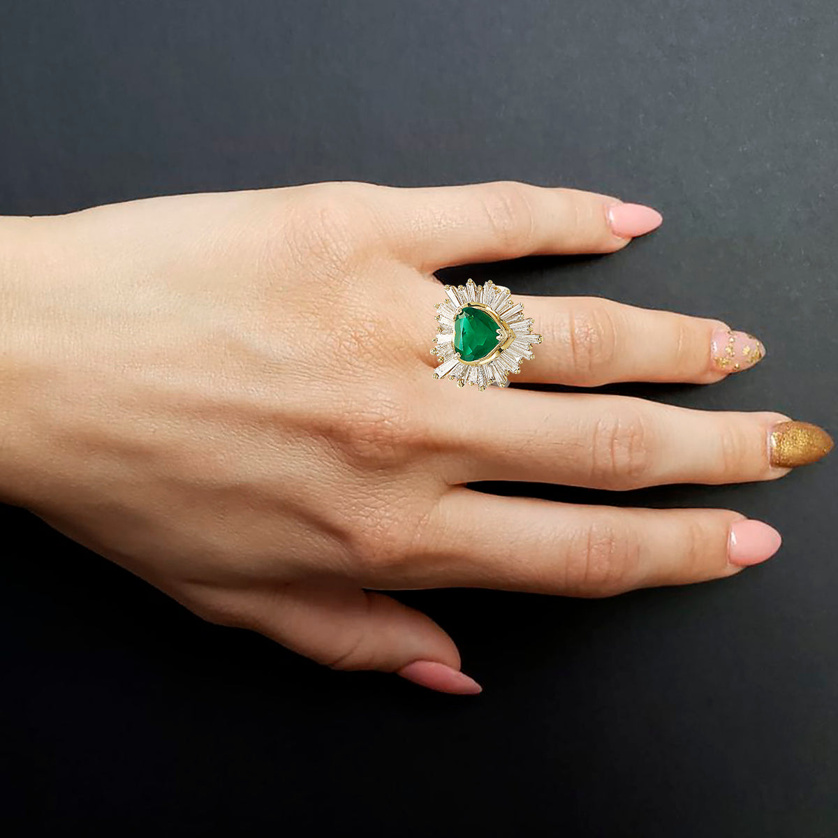 Heart Emerald and Baguette Diamond Ring