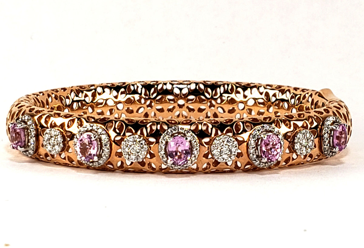 Pink Sapphire and Diamond Negative Space Style Bangle Bracelet made in 18-Karat Rose Gold