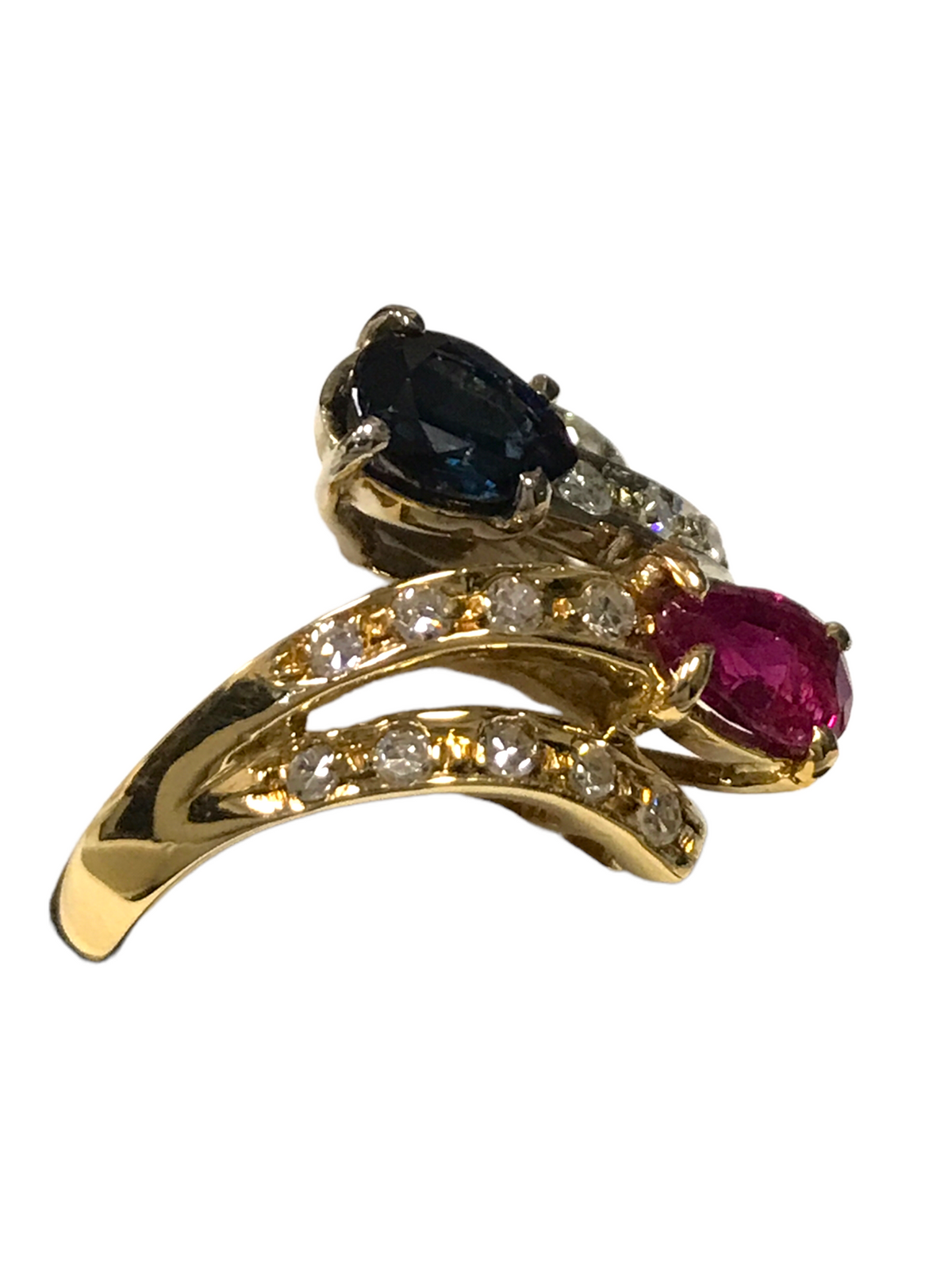 18K Two Tone Gold Pink/Blue Sapphire and Diamond Ladies Ring