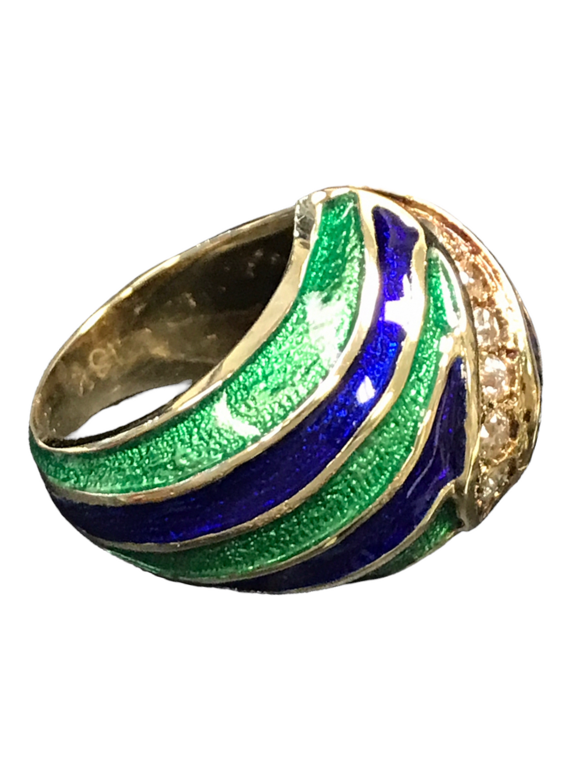 18K Yellow Gold Diamond and Green/Blue Enamel Swirl Ladies Ring Size 5.5