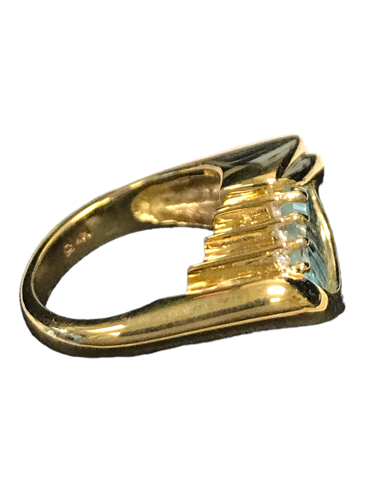 14k Yellow Gold Blue Topaz and Diamond Ladies Ring Size 4