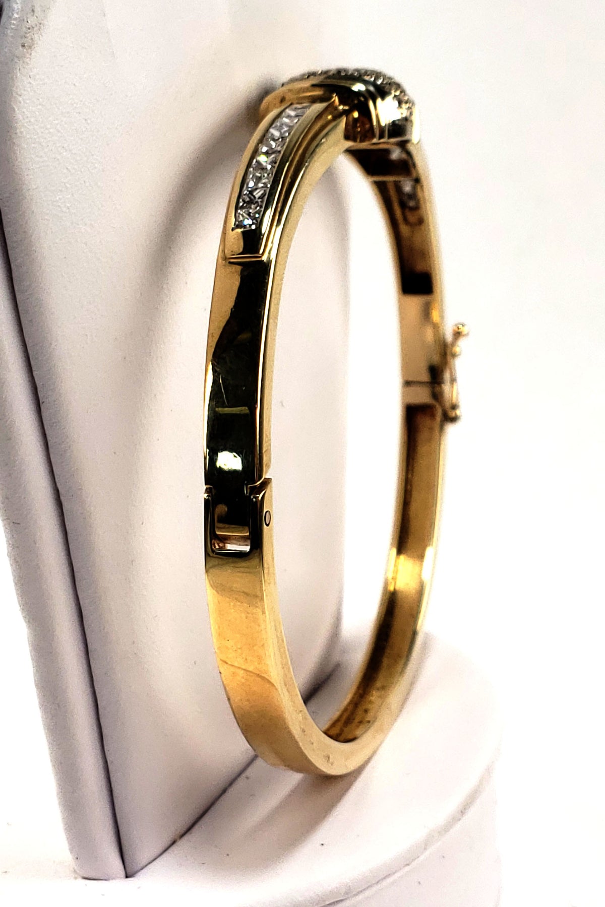 Diamond Pave RBC and Channel set Princess Cut Bangle Bracelet made in 14-Karat Yellow Gold
